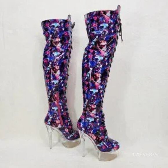 Bulls Multi Color Print Patent OTK Clear Platform High Heel Thigh Boot - Picture 2 of 7